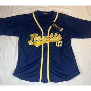 Results 07 Baseball Large Navy Blue Yellow Button Up Mesh Shirt NEW